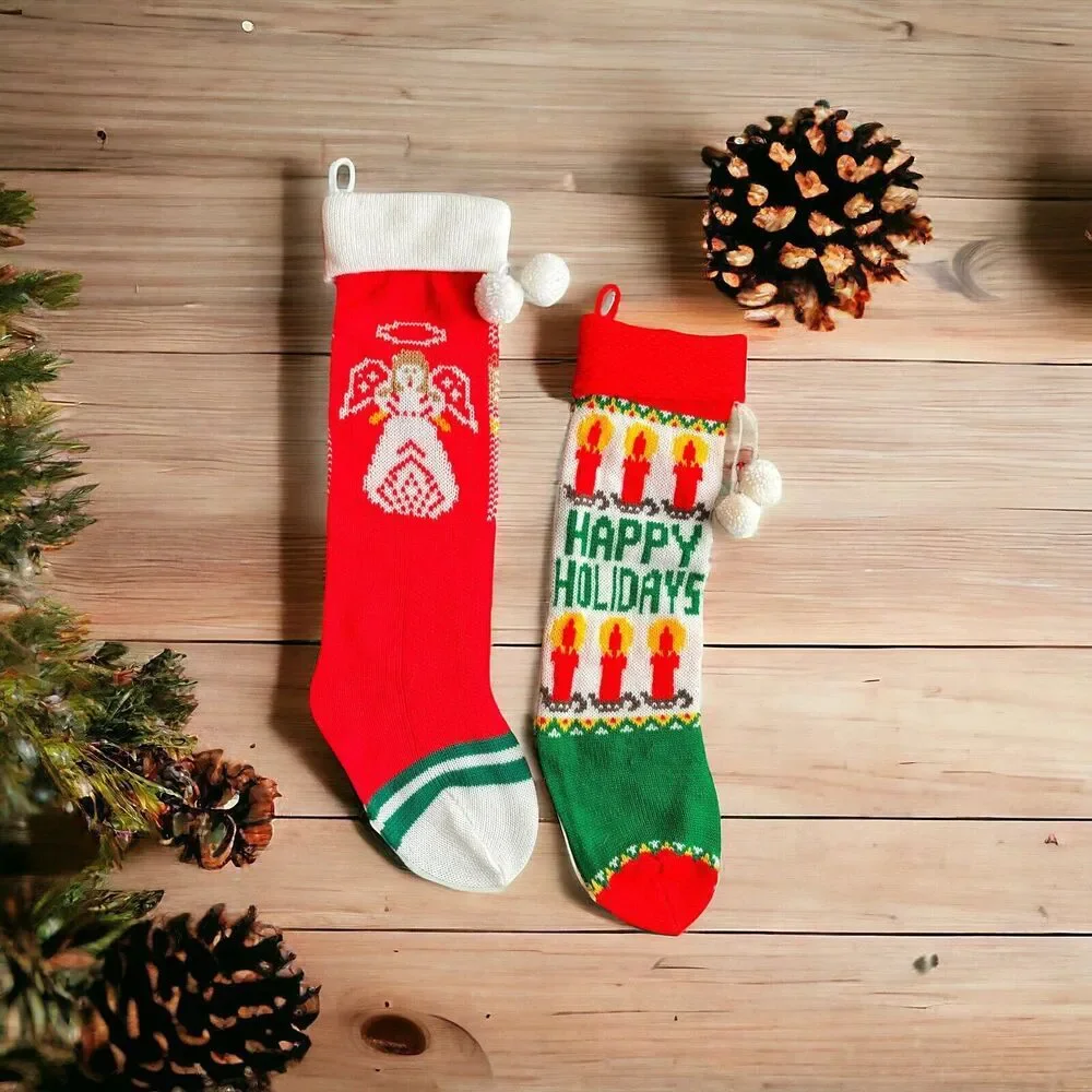 Vintage Knit Christmas Holiday Stockings Angel Candlestick Grannycore Retro Red